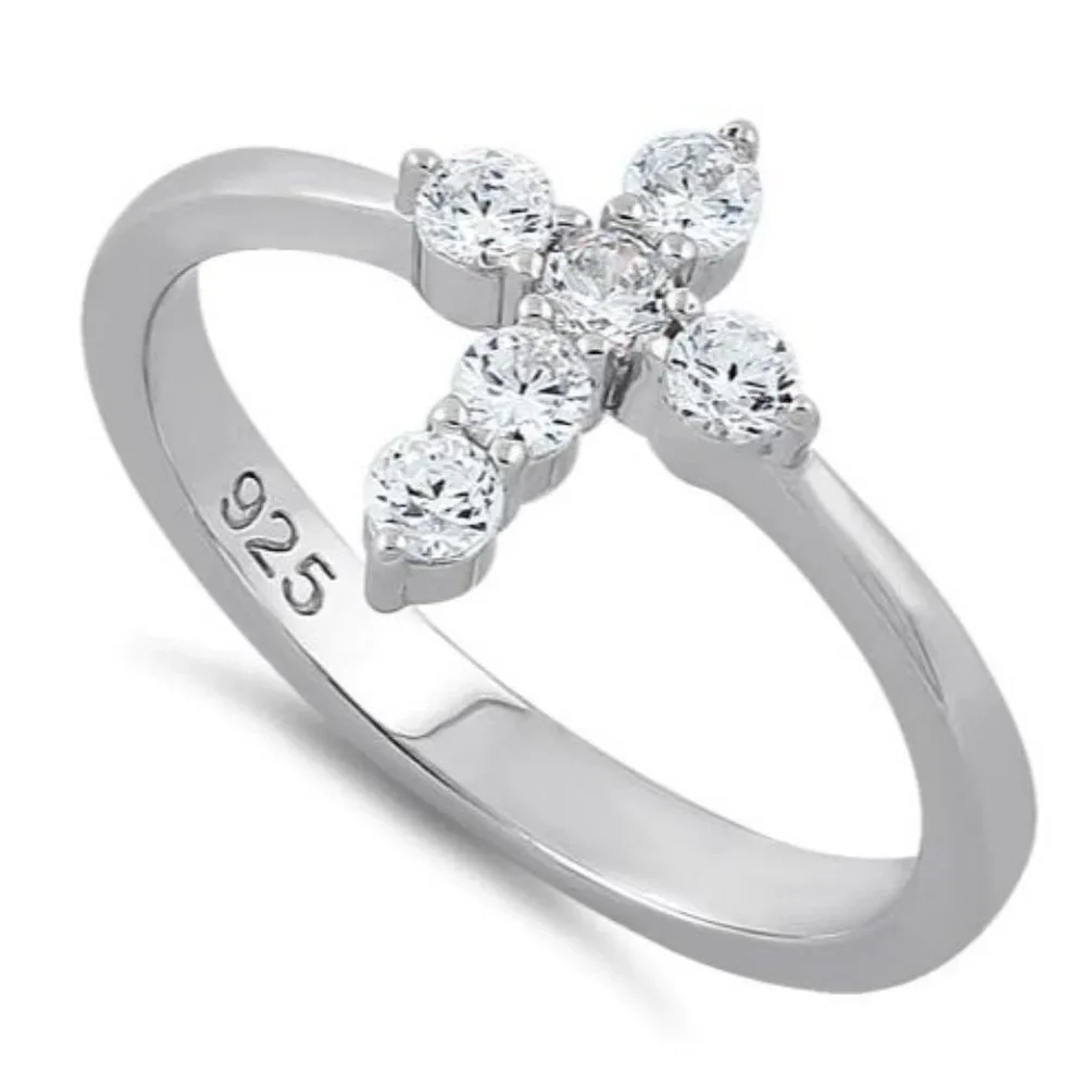 925 STERLING SILVER Dainty Cross Cubic Zirconia Ring - Picture 13 of 16